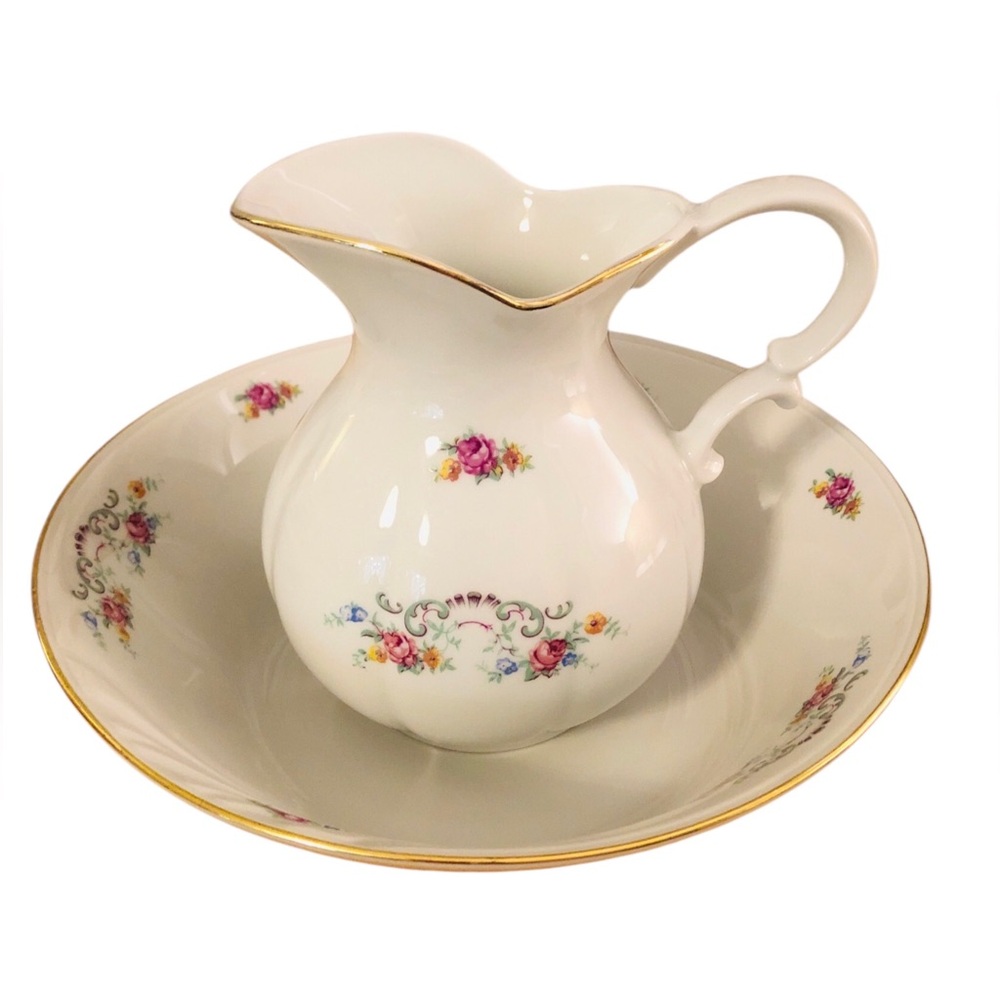 Vintage Floral Pitcher and Bowl Set with Gold Trim